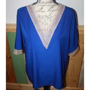 Women's Blue Silky SS Lace Trim Top V-Neck Pullover Sz Plus 2X Blouse Dressy GUC